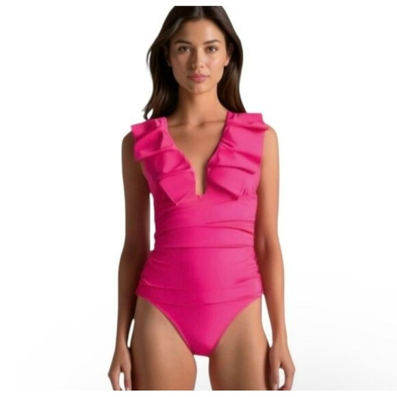 J Crew Women's Size 6 Ruched Ruffled Radiant Pink One Piece Swimsuit NWT BP222 - Picture 5 of 7
